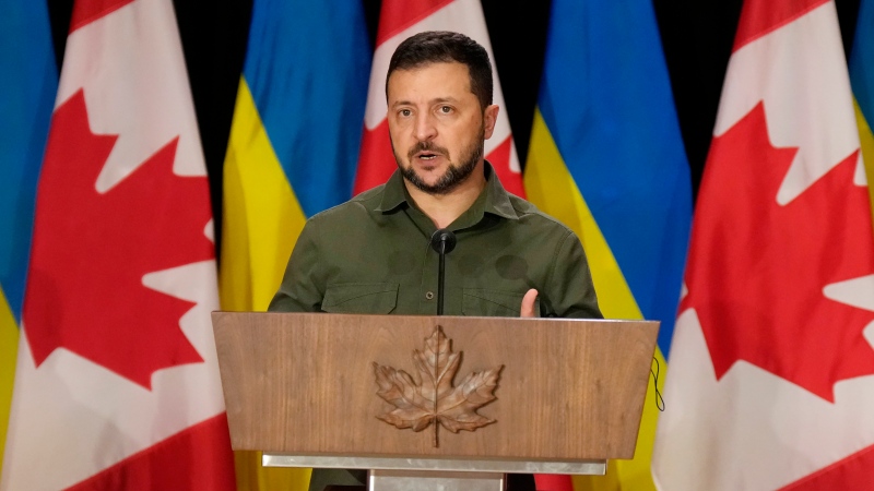 Ukrainian President Volodymyr Zelenskyy speaks on Sept. 22, 2023, during a joint press conference with Prime Minister Justin Trudeau (not shown) on Parliament Hill in Ottawa. (Adrian Wyld/The Canadian Press)