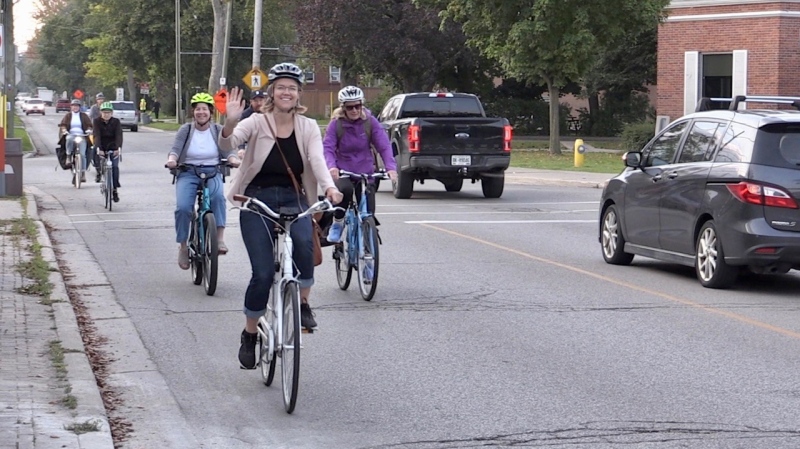 World Car-Free Day included a bike ride with Coun. Skylar Franke through Wortley Village in London, Ont. on Sept. 22, 2023. (Daryl Newcombe/CTV News London)