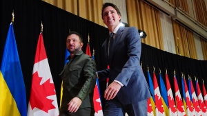 Prime Minister Justin Trudeau and Ukrainian President Volodymyr Zelenskyy leave after holding a joint media availability in Ottawa on Friday, Sept. 22, 2023. THE CANADIAN PRESS/Sean Kilpatrick