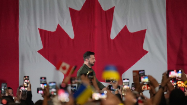 Ukrainian President Volodymyr Zelenskyy arrives at a rally at the Fort York Armoury in Toronto on Friday, September 22, 2023. THE CANADIAN PRESS/Nathan Denette