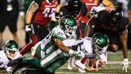 Saskatchewan Roughriders wide receiver Jerreth Sterns (83) falls on punter Adam Korsak (10) as they try to prevent a fumble during second half CFL football action against the Ottawa Redblacks in Ottawa on Friday, Sept. 22, 2023. THE CANADIAN PRESS/Justin Tang