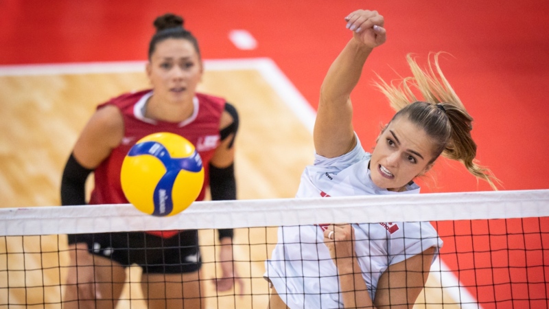 FILE - Canada's Kiera Van Ryk spikes the ball in her team's bronze medal victory over Cuba in the the 2023 NORCECA Senior Women’s Volleyball Continental Championship, in Quebec City in a Sunday, Sept. 3, 2023, handout photo. Canada's women's volleyball team scored a 3-0 win over Mexico on Saturday, but fell short in its bid to qualify for the 2024 Paris Olympics. THE CANADIAN PRESS/HO-Norceca, Mathieu Belanger, *MANDATORY CREDIT*