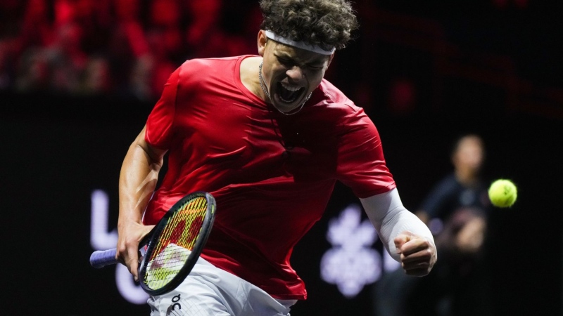 Team World's Ben Shelton celebrates after winning a game against Team Europe's Arthur Fils during the second set of a Laver Cup tennis singles match, in Vancouver, on Friday, September 22, 2023. THE CANADIAN PRESS/Darryl Dyck