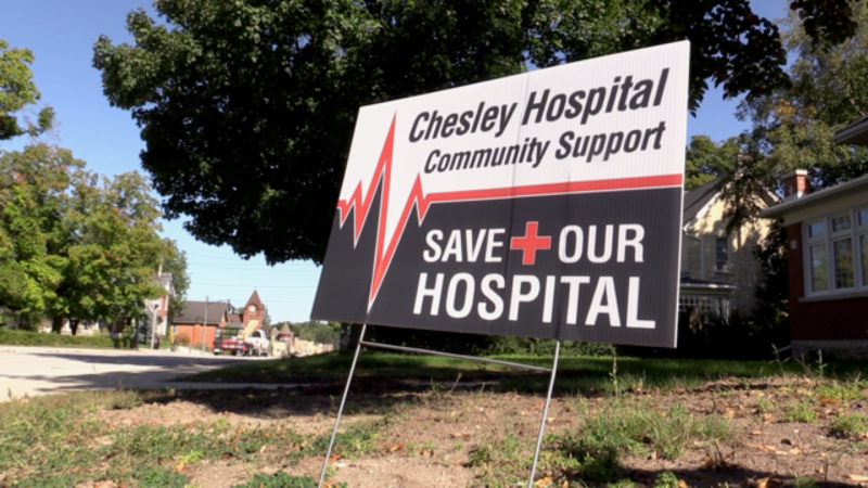 A Chesley Hospital support sign is seen in Chesley, Ont. on Sept. 18, 2023. (Scott Miller/CTV News London) 