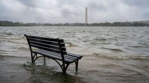 The Tidal Basin in Washington overflows the banks with the rain from Tropical Storm Ophelia, Saturday, Sept. 23, 2023. The National Weather Service has issued a coastal flooding warning for the area. (AP Photo/J. David Ake)