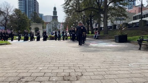 Members from HMCS Scotian march in front of City Hall in Halifax on Sept. 23, 2023. (CTV/Hafsa Arif)