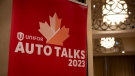 Signage for Unifor’s auto talks is shown in Toronto on Thursday, Aug. 10, 2023. Unifor is holding formal contract talks with the Detroit Big Three automakers, Ford, General Motors and Stellantis. THE CANADIAN PRESS/ Tijana Martin