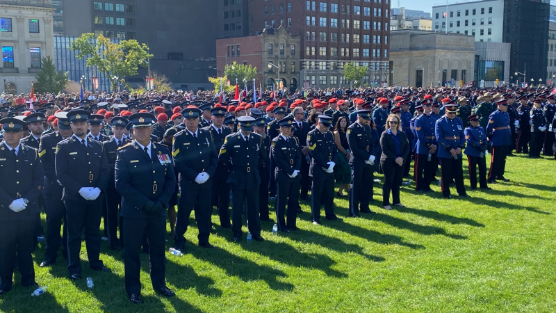 Police officers from across Canada gather on the Great Lawn on Parliament Hill for the National Peace and Police Officers' Memorial Service in Ottawa. Sept. 24, 2023. (Natalie van Rooy/CTV News Ottawa)