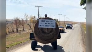 Residents of a small village in southwestern Saskatchewan took to their trucks on Sunday to protest their town’s newest resident — a woman who claims to have legal standing as ‘queen’ of Canada. (Source: Twitter.com/drsarteschi)