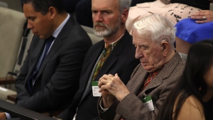 Yaroslav Hunka, right, waits for the arrival of Ukrainian President Volodymyr Zelenskyy in the House of Commons in Ottawa on Friday, Sept. 22, 2023. Several Jewish advocacy organizations condemned MPs on Sunday for giving a standing ovation to a man who fought for a Nazi unit during the Second World War. THE CANADIAN PRESS/Patrick Doyle