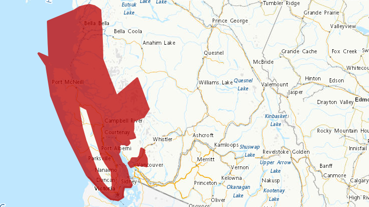 A map shows where a wind warning is in effect in B.C. on Sunday, Sept. 24. (Environment and Climate Change Canada)