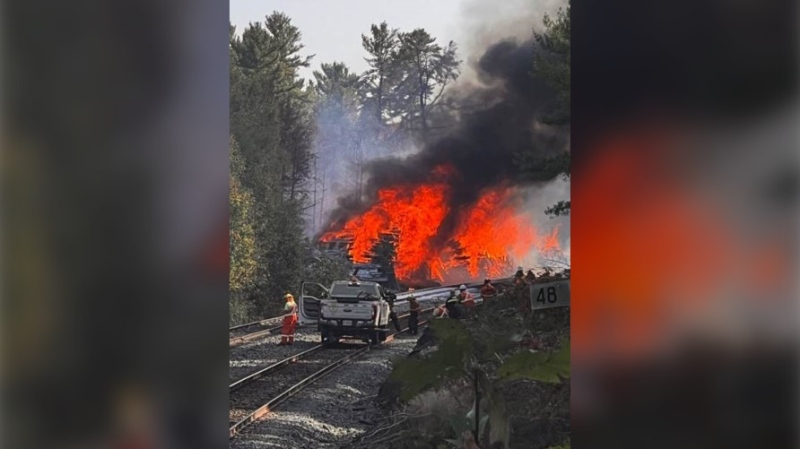 Large flames seen beside railway tracks in Pointe au Baril. Sept. 24/23
