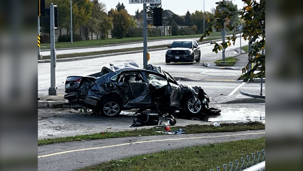 The badly damaged car at Inkster Boulevard and King Edward Street. (Source: Ken Gabel/CTV News)