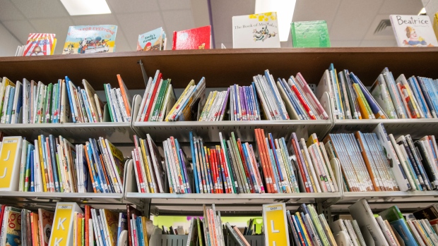 Books sit on shelves in an elementary school library in suburban Atlanta on Friday, 18, 2023 (AP Photo/Hakim Wright Sr.)