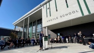 Premier Scott Moe delivers remarks during the grand opening of the Argyle and Ecole St. Pius joint-use School. (Allison Bamford/CTV News)
