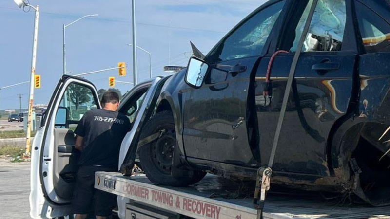 A vehicle is loaded onto a tow truck following a fatal collision in Clearview Township on Sun., Sept. 24, 2023. (Courtesy: Gurwinder Singh Manshahia)