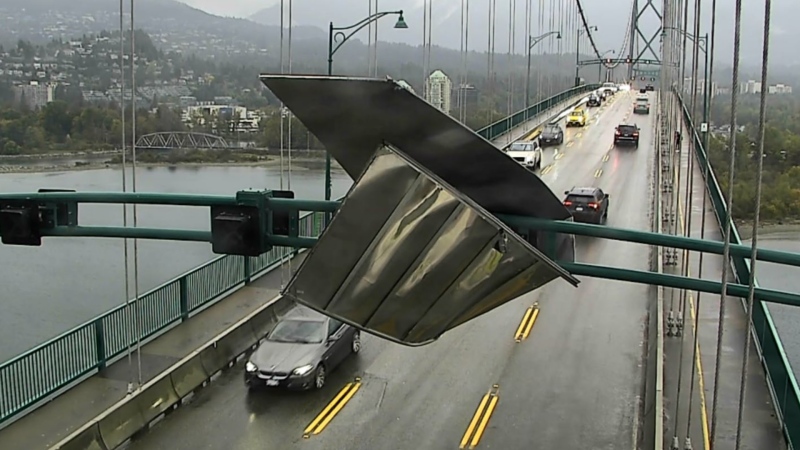 This photo shows a piece of metal entangled in the Lions Gate Bridge on Monday, Sept. 25, 2023. (Image credit: Twitter/DriveBC) 