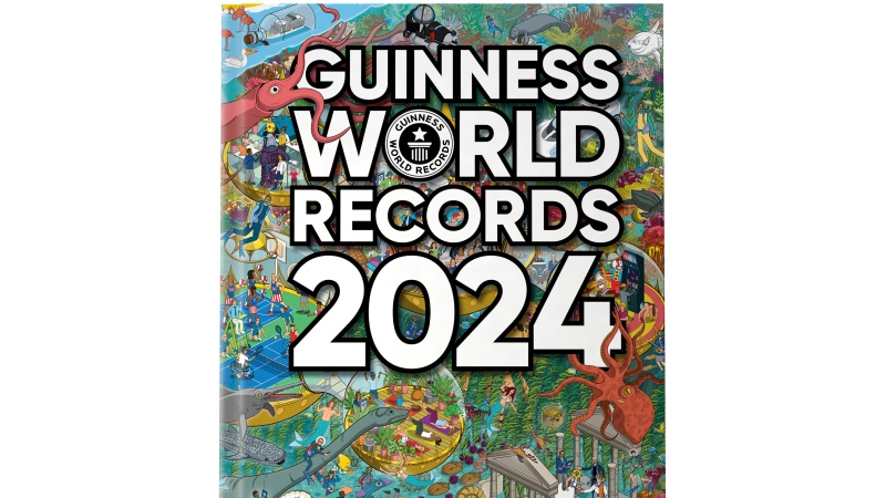 This image shows cover art for the latest edition of the Guinness World Records. The 2024 edition has taken our watery world as its theme. That means there's entries for the largest octopuses, largest hot spring and deepest shark among the 2,638 achievements. (Guinness World Records via AP)