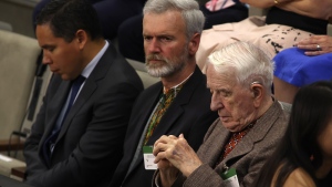 Yaroslav Hunka, right, waits for the arrival of Ukrainian President Volodymyr Zelenskyy in the House of Commons in Ottawa on Friday, Sept. 22, 2023. Several Jewish advocacy organizations condemned members of Parliament on Sunday for giving a standing ovation to a man who fought for a Nazi unit during the Second World War. THE CANADIAN PRESS/Patrick Doyle
