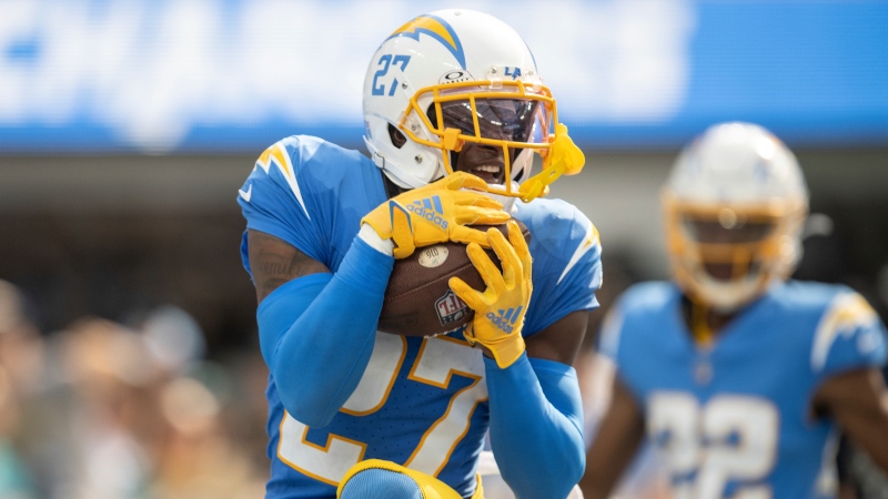 Los Angeles Chargers cornerback J.C. Jackson (27) intercepts a pass during an NFL football game against the Miami Dolphins, Sunday, Sept. 10, 2023, in Inglewood, Calif. (AP Photo/Kyusung Gong)