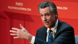 California Gov. Gavin Newsom speaks during an interview with Politico in Sacramento, Calif., Tuesday, Sept. 12, 2023. Newsom said the state will intervene in an ongoing federal court case that has barred San Francisco from cleaning up homeless encampments. (AP Photo/Rich Pedroncelli)