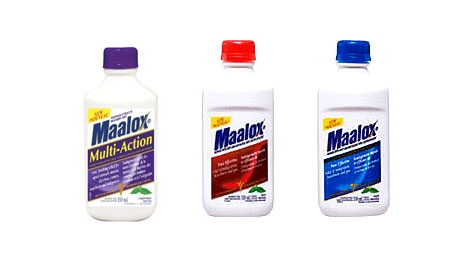 The labels of three Maalox products sold in Canada: Maalox Multi-Action, Maalox Regular Strength, and Maalox Extra-Strength