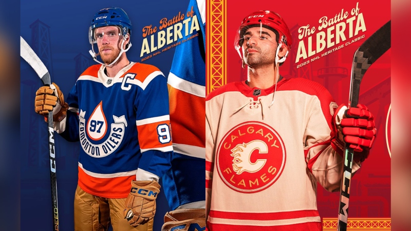 The jerseys for the Edmonton Oilers and Calgary Flames for the 2023 Heritage Classic outdoor game. (Credit: NHL)