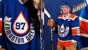The Edmonton Oilers 2023 Heritage Classic jerseys. (Credit: NHL)