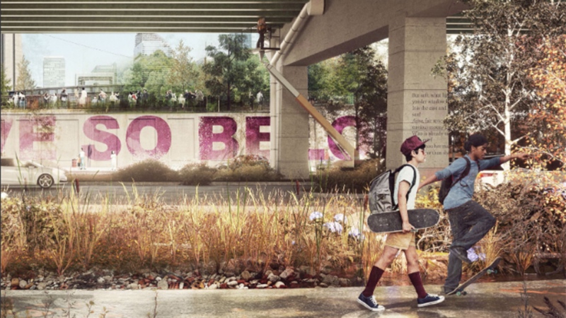 An artist's rendering of redeveloped space under the Gardiner Expressway is shown. (Handout / The Bentway)