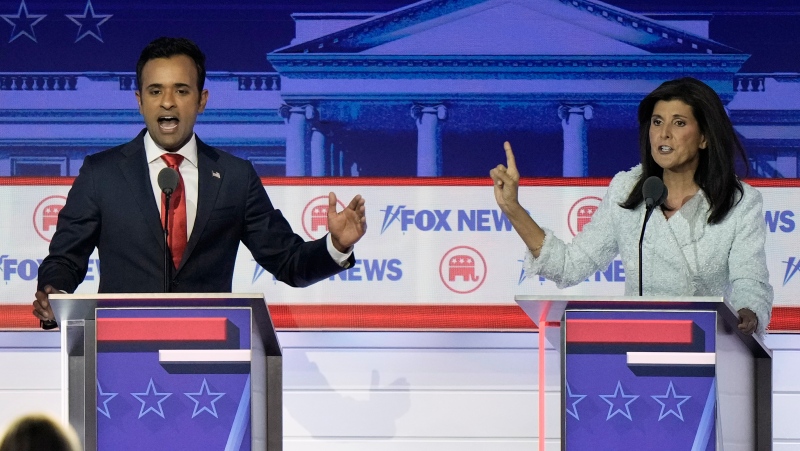 Businessman Vivek Ramaswamy and former U.N. Ambassador Nikki Haley speak during a Republican presidential primary debate hosted by FOX News Channel Wednesday, Aug. 23, 2023, in Milwaukee. (AP Photo/Morry Gash)