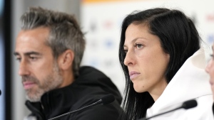 Spain's Jennifer Hermoso, right, and head coach Jorge Vilda listens to reporters questions during a press conference at Eden Park ahead of the Women's World Cup semifinal match between Spain and Sweden in Auckland, New Zealand, Monday, Aug. 14, 2023. (AP Photo/Alessandra Tarantino, File)