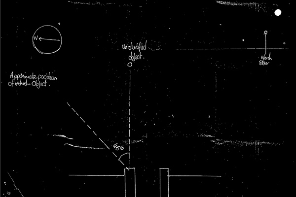 In this image made available by Britain's National Archives Wednesday May 14, 2008, a sketch made by a police officer after a sighting of an unidentified Flying Object in England in 1984 is seen. (AP Photo/National Archives) 