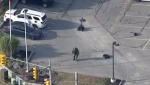 Aerial images of an Anne Street North parking lot in Barrie, Ont., on Wed., Sept. 27, 2023, show a police investigation underway. (CTV CHOPPER)