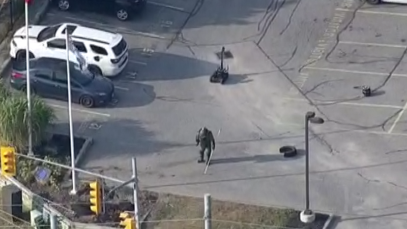 Aerial images of an Anne Street North parking lot in Barrie, Ont., on Wed., Sept. 27, 2023, show a police investigation underway. (CTV CHOPPER)