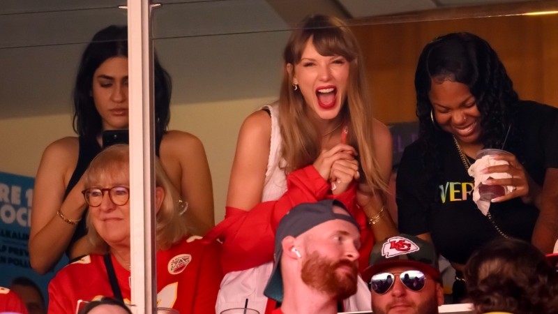 Taylor Swift, centre, attended the Kansas City Chiefs NFL football game against the Chicago Bears with Travis Kelce's mother, Donna Kelce, at lower left, Sunday, Sept. 24, 2023 in Kansas City, Mo. (AP Photo/Reed Hoffmann)