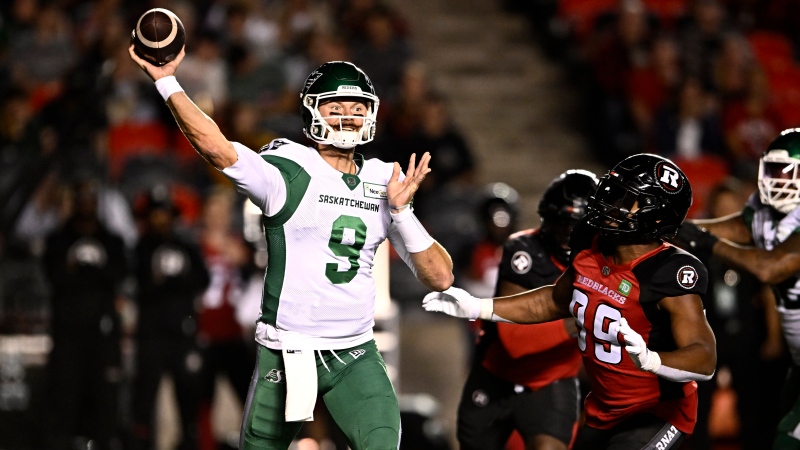 Saskatchewan Roughriders quarterback Jake Dolegala (9) throws the ball during first half CFL football action against the Ottawa Redblacks in Ottawa on Friday, Sept. 22, 2023. THE CANADIAN PRESS/Justin Tang