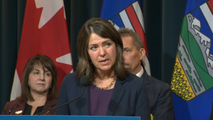 Alberta Premier Danielle Smith speaks to reporters in Calgary on Sept. 27, 2023. 