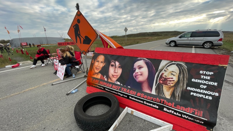A new blockade has been set up on the road leading to the Brady Landfill on Sept. 27, 2023. (Source: Jamie Dowsett/CTV News Winnipeg)