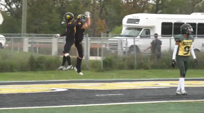 A pair of teammates celebrate a touchdown for the Dakota Lancers on Sept. 27, 2023. (Source: Jamie Dowsett/CTV News)