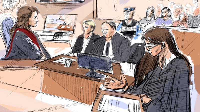 Justice Renee Pomerance (left to right), Nathaniel Veltman, defence counsel Peter Ketcheson and federal prosecutor Sarah Shaikh attend court at Veltman's trial in Windsor, Ont., Monday, Sept.11, 2023. Federal prosecutors are arguing that a man facing murder charges in the deaths of four members of a Muslim family in Ontario was motivated by white nationalist beliefs, branding the attack as an act of terrorism. THE CANADIAN PRESS/Alexandra Newbould