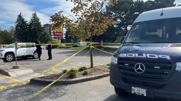 Police investigate a fatal shooting in the parking lots of a McDonald's in Kitchener on Sept. 27, 2023. (Stefanie Davis/CTV Kitchener)