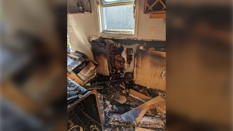 A kitchen sustains significant damage after a fire broke out at the Stephenson Road 2 West home in Huntsville, Ont., on Sun., Sept. 24, 2023. (Source: Huntsville/Lake of Bays Fire Department)