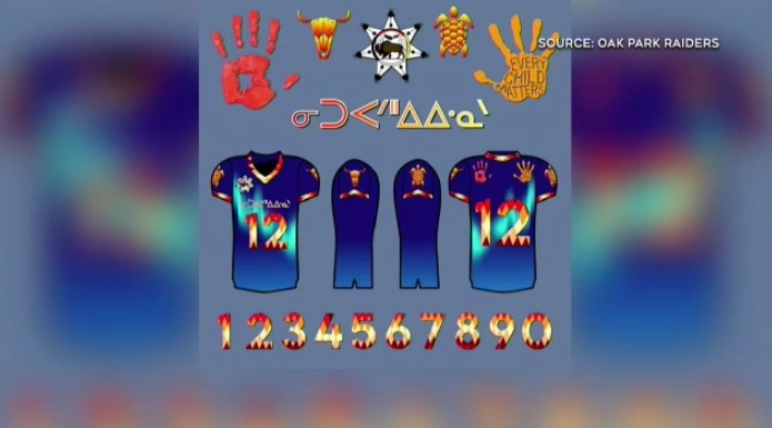 The jersey features several design elements representing Indigenous cultures. (Source: Oak Park Raiders)