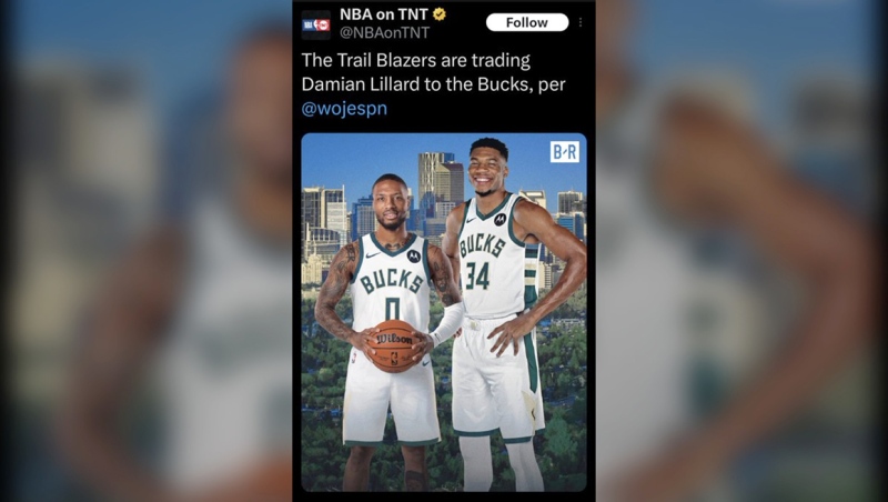 A tweet announcing the trade of Portland's Damian Lillard to Milwaukee featured the Calgary skyline in the background. (Photo: X@NBAonTNT)