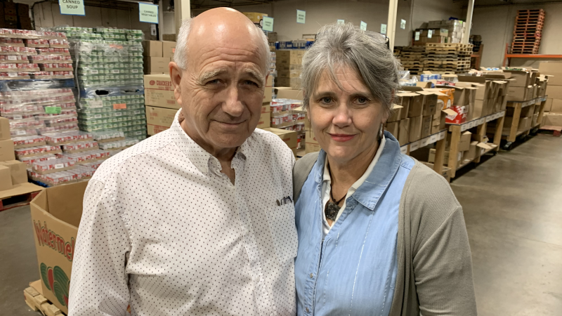 Glen Pearson and Jane Roy of the London Food Bank, seen on Sept. 28, 2023, launch the 35th annual Thanksgiving Food Drive. (Bryan Bicknell/CTV News London) 