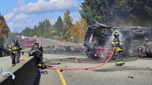 The Malahat highway was closed in both directions near Bamberton on Thursday afternoon due to a vehicle crash. (Doyle Childs)
