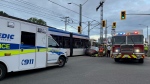 An LRT train and a vehicle collided on Sept. 28, 2023 on King Street South in Kitchener. (CTV News/Stefanie Davis)