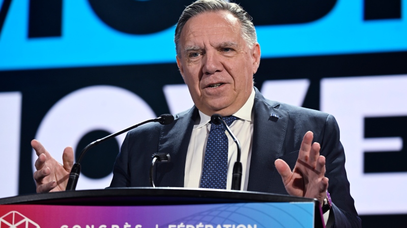 Quebec Premier Francois Legault speaks to members of the Federation Quebecois des Municipalites at their annual meeting, Friday, September 29, 2023 in Quebec City. THE CANADIAN PRESS/Jacques Boissinot