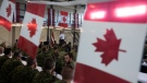 Prime Minister Justin Trudeau speaks to Canadian troops stationed at the Adazi Military base, Monday, July 10, 2023 in Adazi, Latvia. THE CANADIAN PRESS/Adrian Wyld