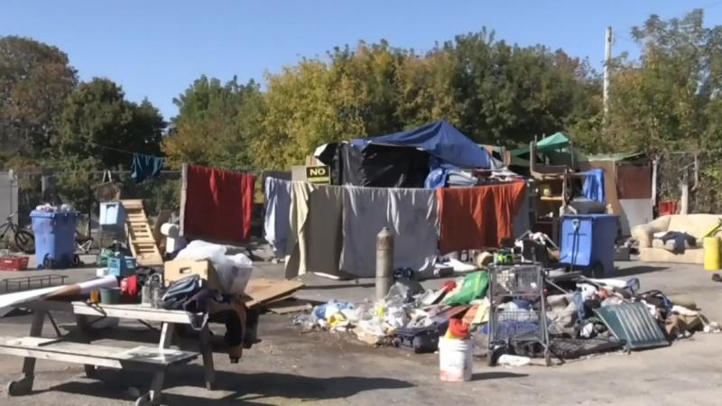 A homeless encampment at the former OPP property in Orillia, Ont. (CTV News/Rob Cooper)